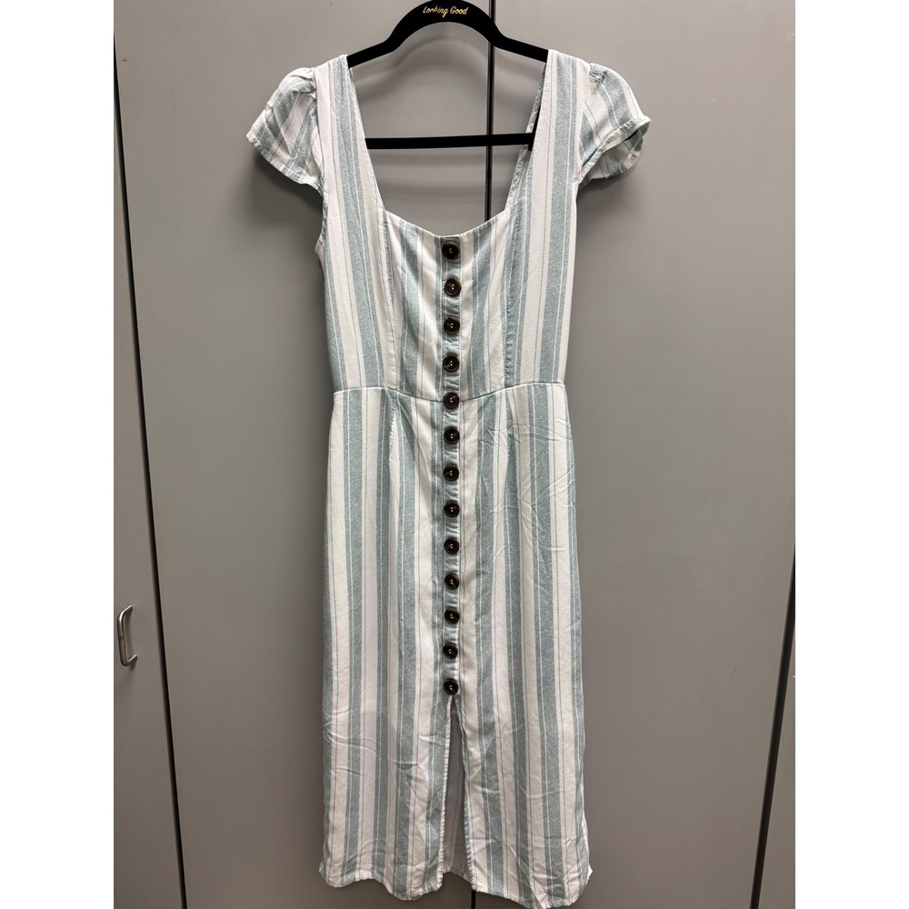 Trixxi Sage Green White Striped Button Front Tie Back Midi Dress Womens Medium